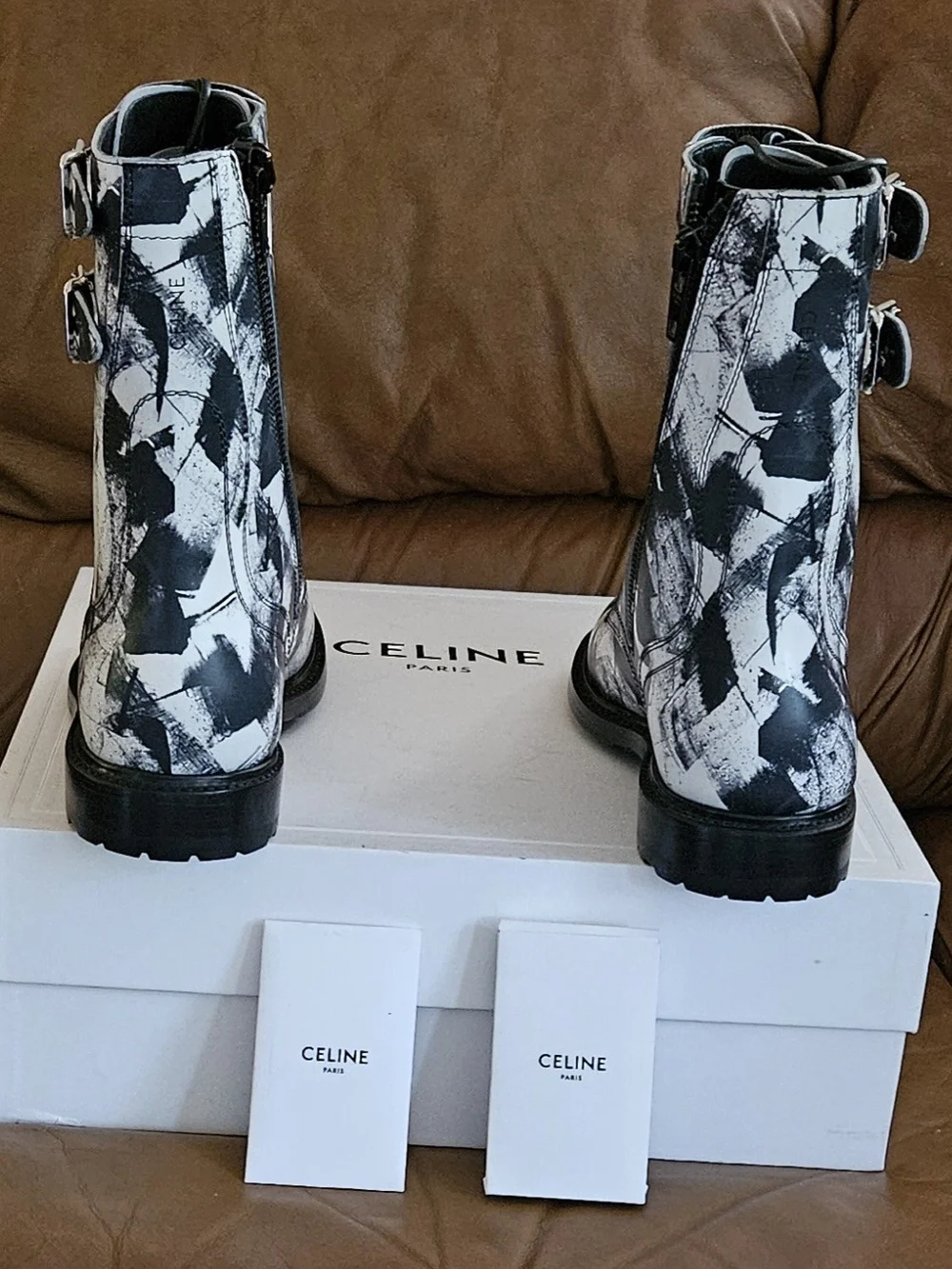 New Men's Celine Leather Abstract Lace-Up Buckle Zipper Combat Boots Size 8 US